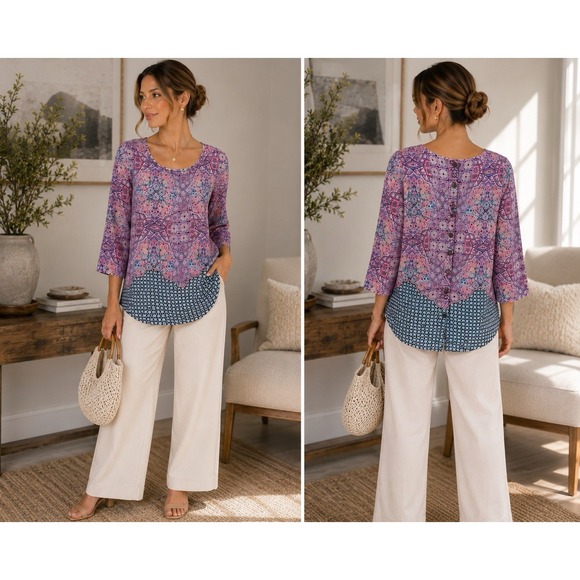 Maeve Tops - Maeve 100% Silk Geometric Print‎ Button Back Blouse Women's Size 6